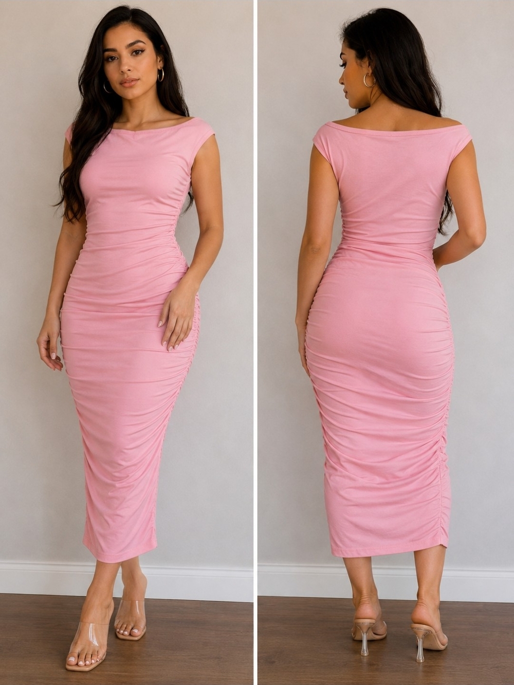 Off-Shoulder Ruched Midi Dress - Pink